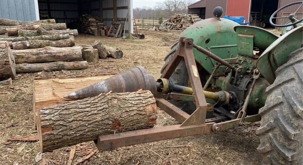 Fendeuse à vis conique : Pourquoi est-elle interdite ? 2 Ancien modèle de fendeuse à vis conique entraînée par la prise de force d'un tracteur