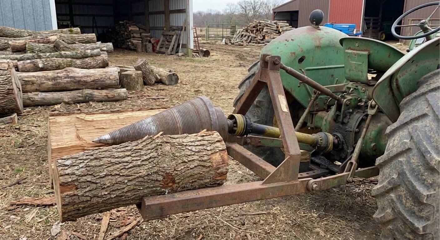 Ancien modèle de fendeuse à vis conique entraînée par la prise de force d'un tracteur