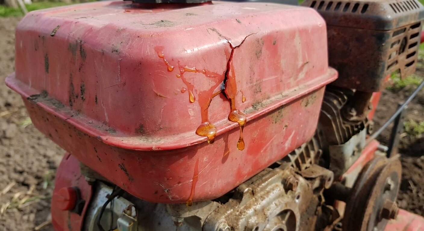 Gouttes d'essence suintant d'une fissure sur le réservoir en plastique d'un motoculteur