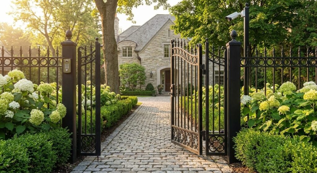 Comment protéger un portail de 3,50 m d'un choc en marche arrière 2 Vue arrière d'un véhicule s'engageant avec précaution dans l'allée d'une propriété privée.