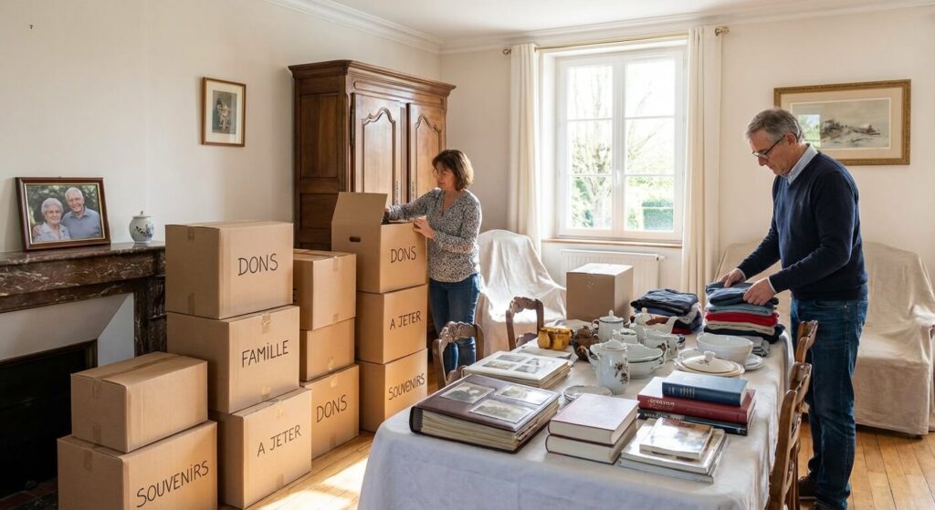Vider un logement après un décès : guide pratique pour les familles 2 Un intérieur de maison ordonné avec des cartons de tri, illustrant l'organisation d'un vide-maison après un décès.