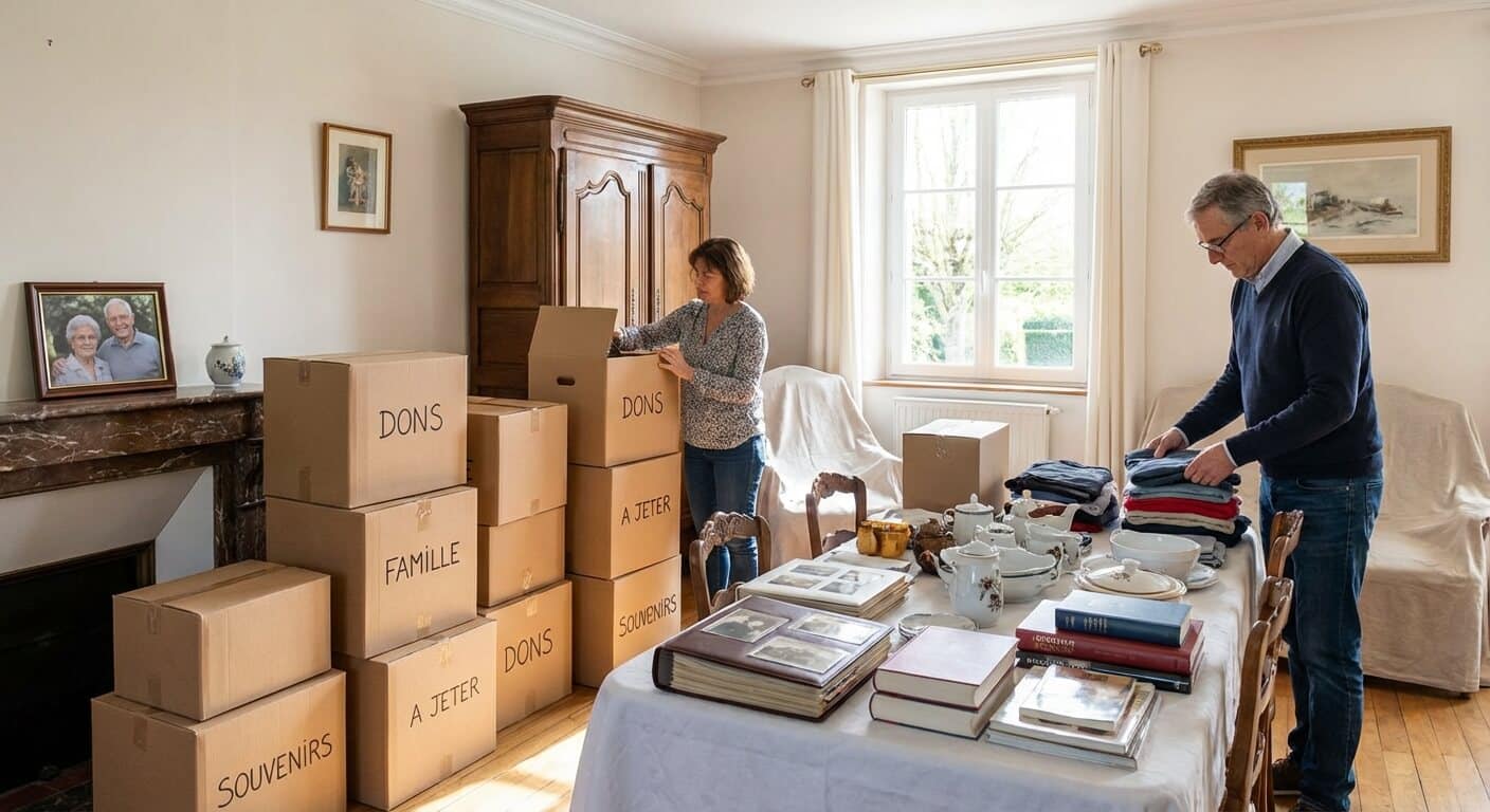 Un intérieur de maison ordonné avec des cartons de tri, illustrant l'organisation d'un vide-maison après un décès.