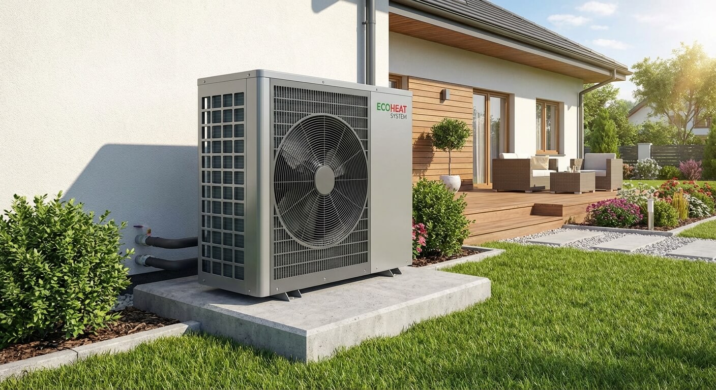 Une pompe à chaleur air-eau installée sur un socle en béton dans le jardin d'une maison individuelle.