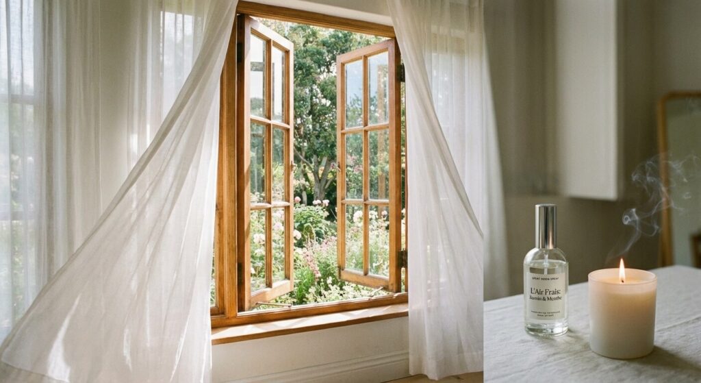 Fenêtre grande ouverte pour aérer une pièce après l'utilisation d'un parfum d'ambiance