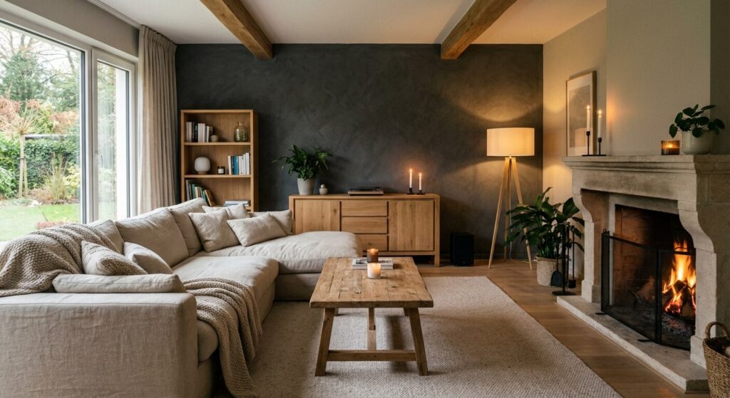 Un salon chaleureux avec un mur d'accent gris anthracite, un canapé en tissu clair et du mobilier en bois naturel pour un effet cocon.