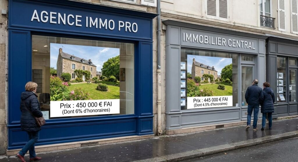 La même maison affichée dans la vitrine de deux agences immobilières concurrentes avec des frais différents