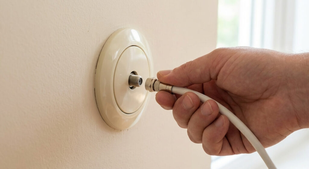 DVB-C ou DVB-T : Lequel choisir pour régler sa télévision ? 3 Branchement d'un câble coaxial blanc sur la prise antenne murale standard pour capter la télévision terrestre