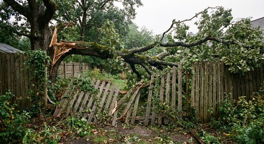 Une branche d'arbre cassée reposant sur une clôture endommagée entre deux jardins voisins.