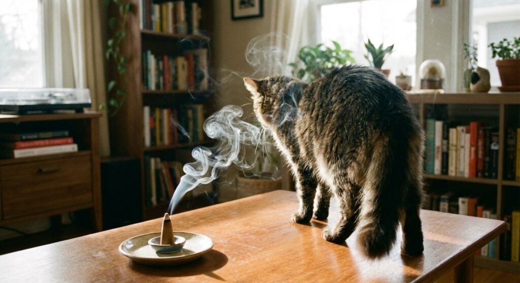 Chat s'éloignant des émanations de fumée produites par la combustion d'un encens naturel en intérieur