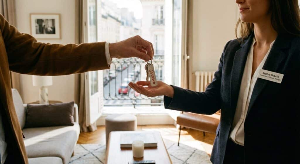 Une main remettant les clés d'un appartement à un professionnel de la gestion Airbnb.