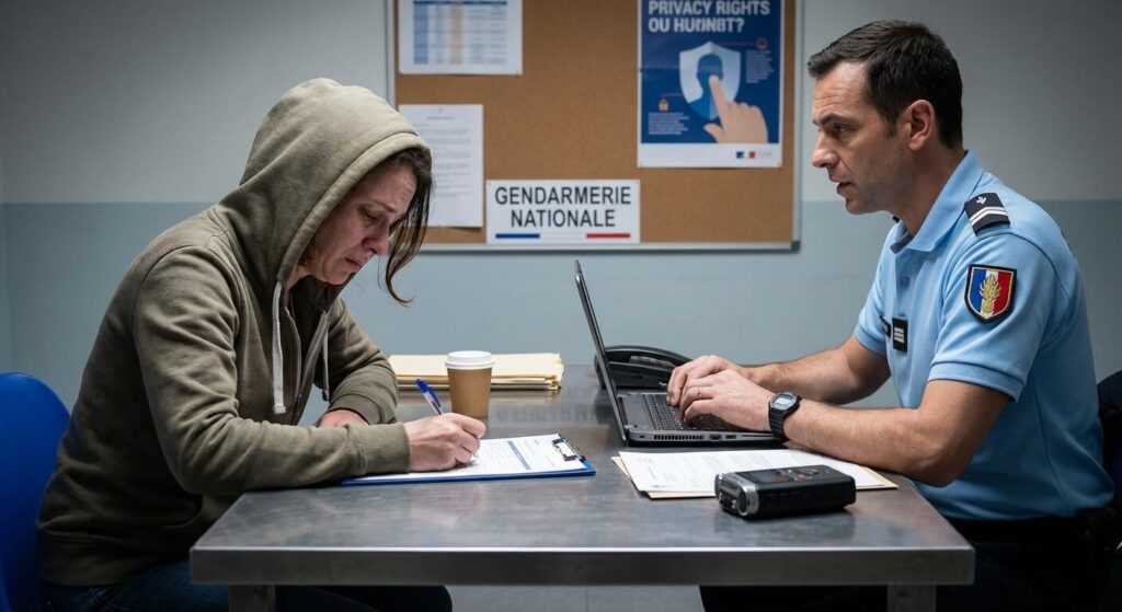 Mon voisin me prend en photo : Que faire face à cette atteinte à la vie privée ? 3 Victime d'atteinte à la vie privée en train de rédiger un procès-verbal avec un officier de police au commissariat