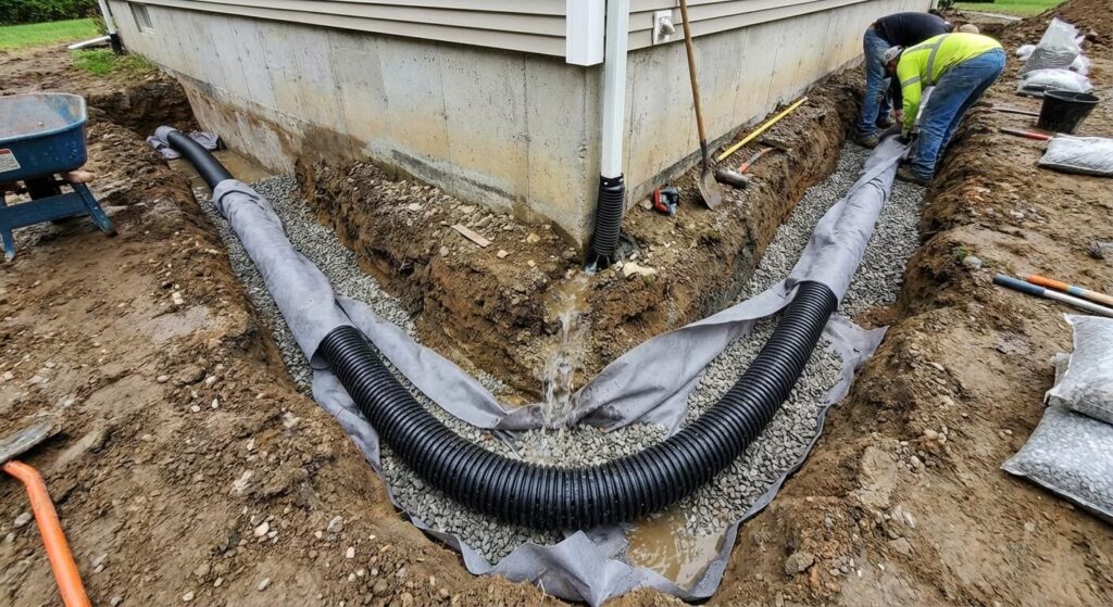 Comment neutraliser une source sous une maison : Solutions techniques 3 Pose d'un drain périphérique avec tuyau perforé et géotextile pour dévier une veine d'eau souterraine