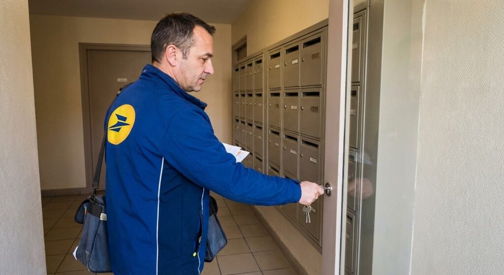 Facteur utilisant sa clé universelle pass PTT pour ouvrir la porte frontale d'une batterie de boîtes aux lettres