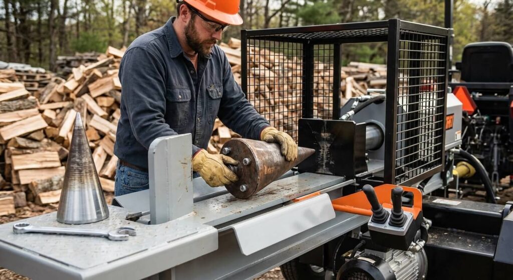 Fendeuse à vis conique : Pourquoi est-elle interdite ? 3 Bûcheron utilisant une fendeuse hydraulique moderne et sécurisée pour remplacer la vis conique