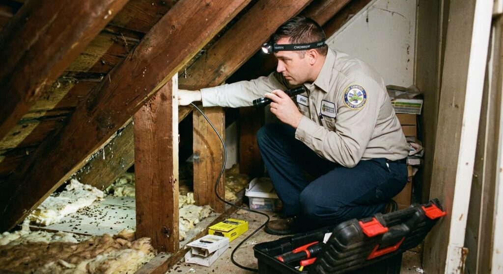 Comment savoir quels nuisibles envahissent votre logement dans le Bas-Rhin ? 2 Un professionnel du traitement des nuisibles inspectant les recoins d'un logement pour détecter la présence d'insectes ou de rongeurs.