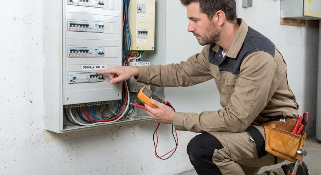 Compteur Linky et pompe à chaleur : Pourquoi ça disjoncte ? 3 Électricien vérifiant le disjoncteur divisionnaire d'une pompe à chaleur sur le tableau électrique domestique