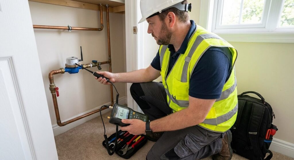 Nouveau compteur d'eau : Quels sont les véritables dangers ? 3 Technicien mesurant les émissions de radiofréquences à proximité d'un compteur d'eau intelligent