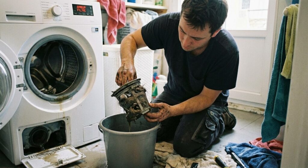 Utilisateur nettoyant le filtre de vidange encrassé de sa machine à laver pour rétablir le cycle