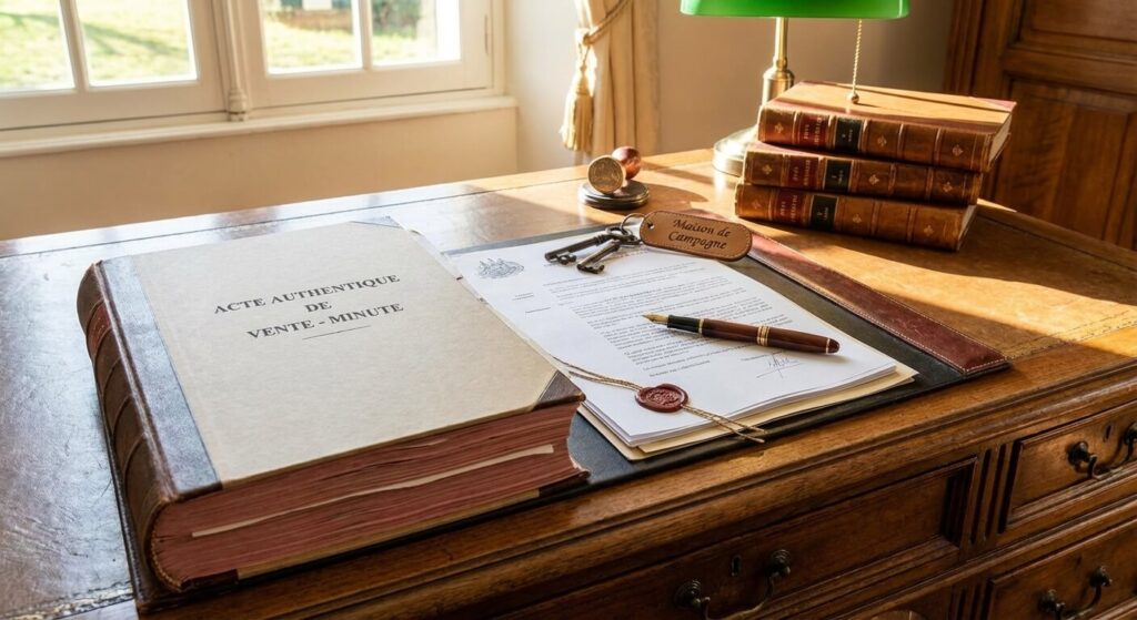 Refus de visite avant la signature chez le notaire : Quels sont vos droits ? 3 Dossier d'acte authentique de vente prêt à être signé sur le bureau d'un notaire avec remise des clés