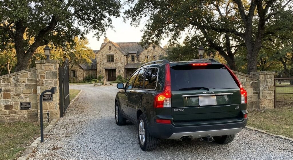 Comment protéger un portail de 3,50 m d'un choc en marche arrière 3 Vue arrière d'un véhicule s'engageant avec précaution dans l'allée d'une propriété privée.