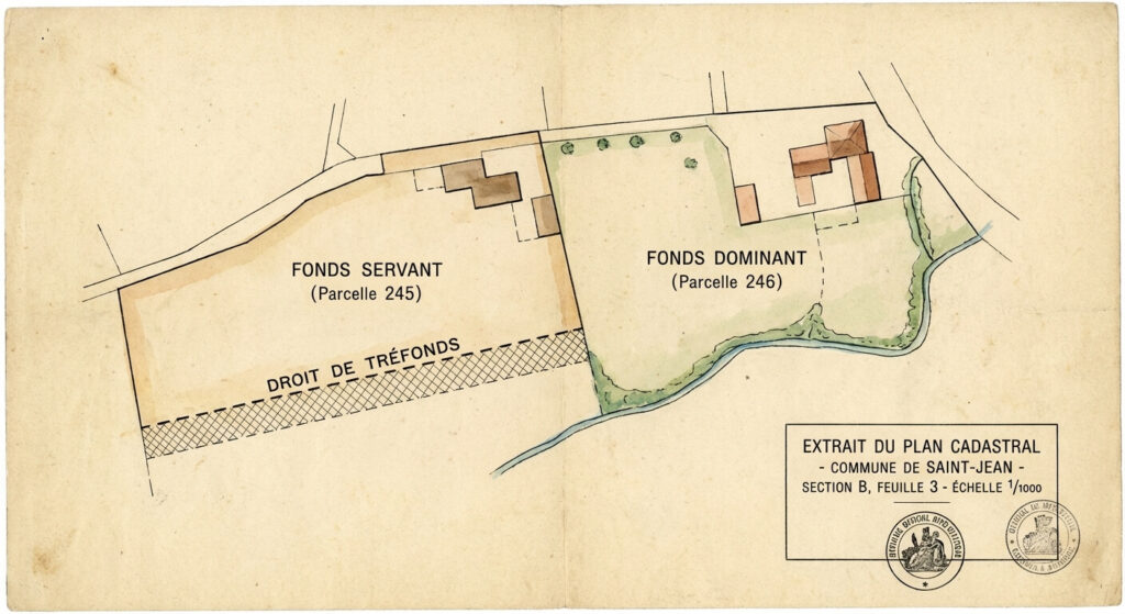 Extrait d'un plan cadastral délimitant un droit de tréfonds entre un fonds servant et un fonds dominant