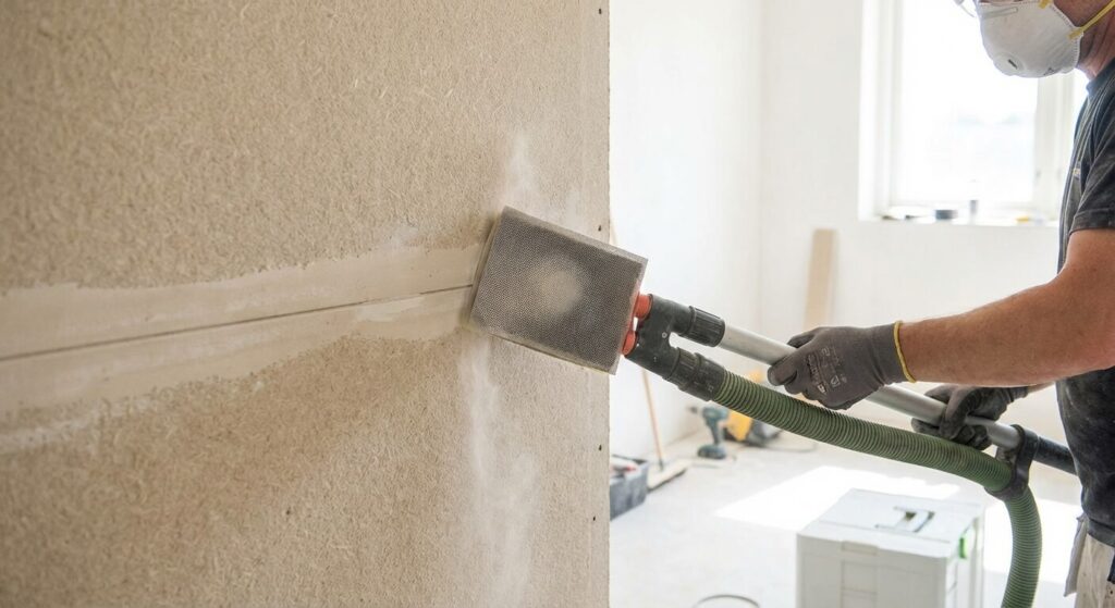 Ponçage minutieux des joints collés entre deux plaques de gypse-cellulose avant la mise en peinture