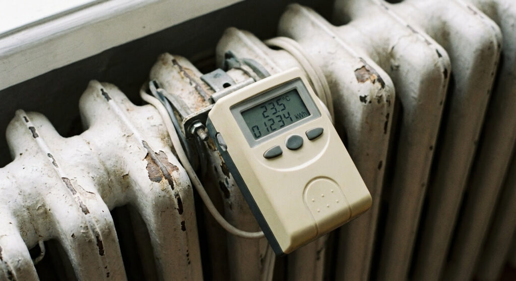 Calcul des tantièmes de chauffage en copropriété : Règles et répartition 3 Gros plan sur un répartiteur électronique de frais de chauffage installé sur un radiateur en fonte