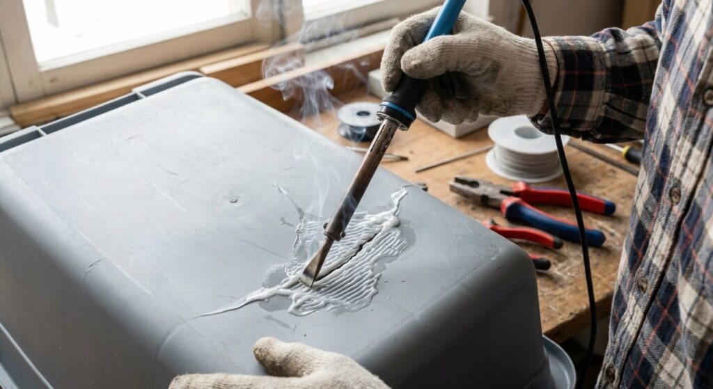 Comment réparer un réservoir en plastique fissuré ou percé ? 3 Bricoleur utilisant un fer à souder pour faire fondre et lisser le plastique autour d'une fissure sur une cuve