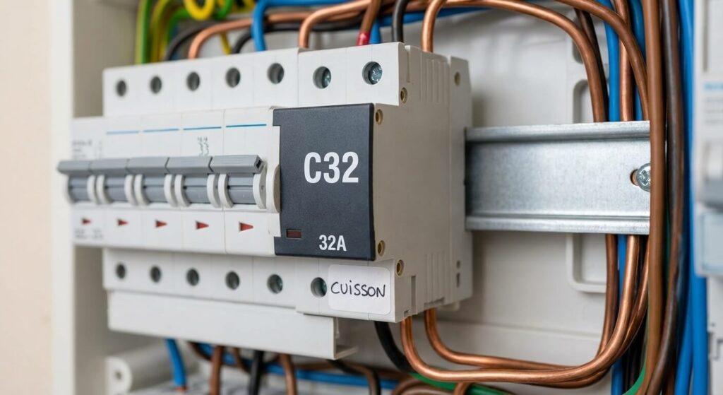 Disjoncteur divisionnaire de 32 ampères dans un tableau électrique domestique, dédié à la cuisson