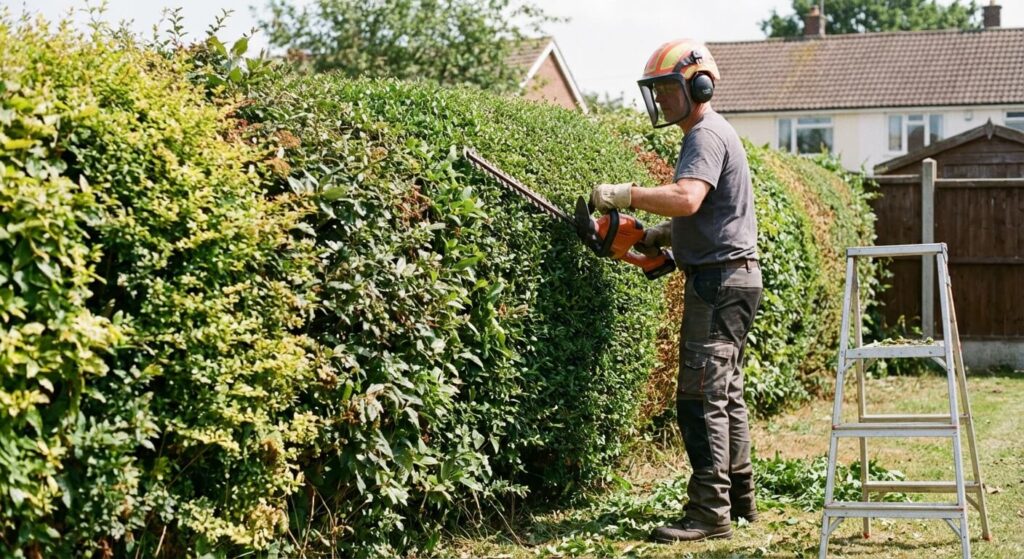 Un propriétaire taillant une haie mitoyenne avec des équipements de protection pour éviter tout accident.