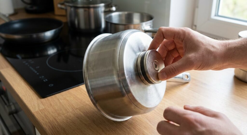Test de la qualité du fond ferromagnétique d'une casserole à l'aide d'un aimant pour vérifier sa compatibilité
