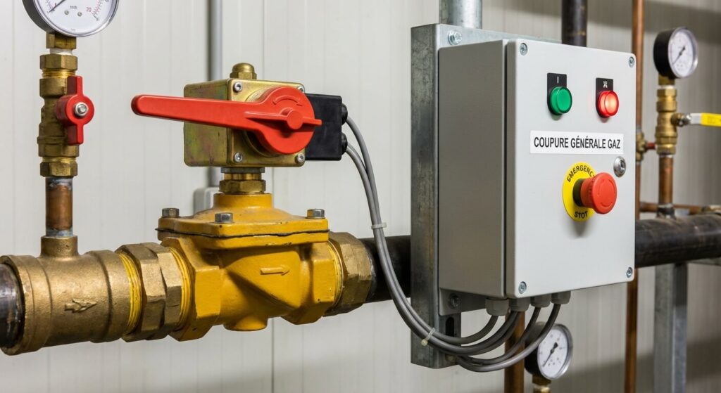 Dispositif d'électrovanne à réarmement manuel couplé au coffret de coupure électrique d'une installation gaz