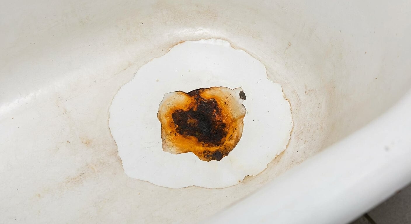 Éclat d'émail laissant apparaître une tache de rouille au fond d'une baignoire ancienne