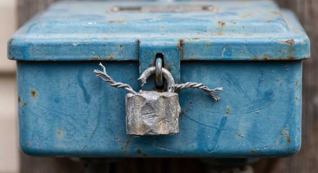 Gros plan sur un scellé en plomb arraché sur le capot d'un ancien compteur électrique bleu