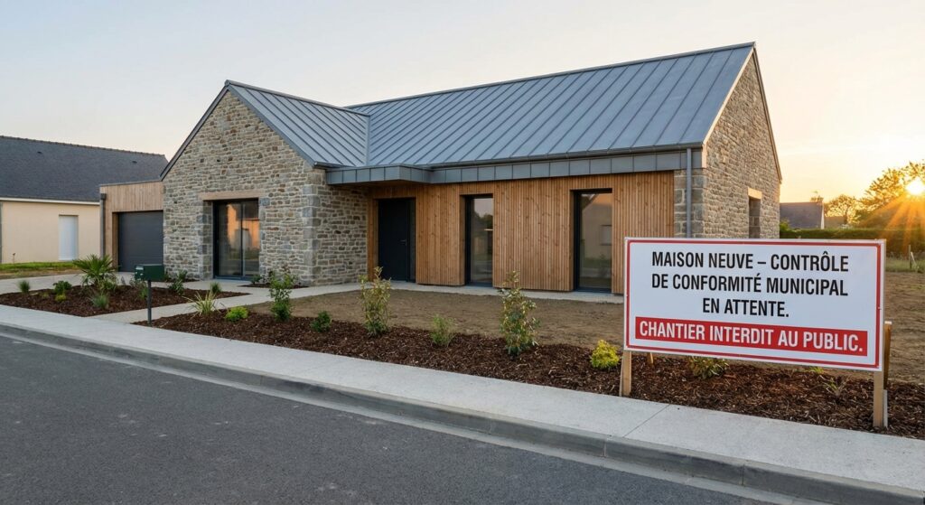 Maison individuelle neuve dont le chantier vient de s'achever, en attente du contrôle de conformité par la mairie