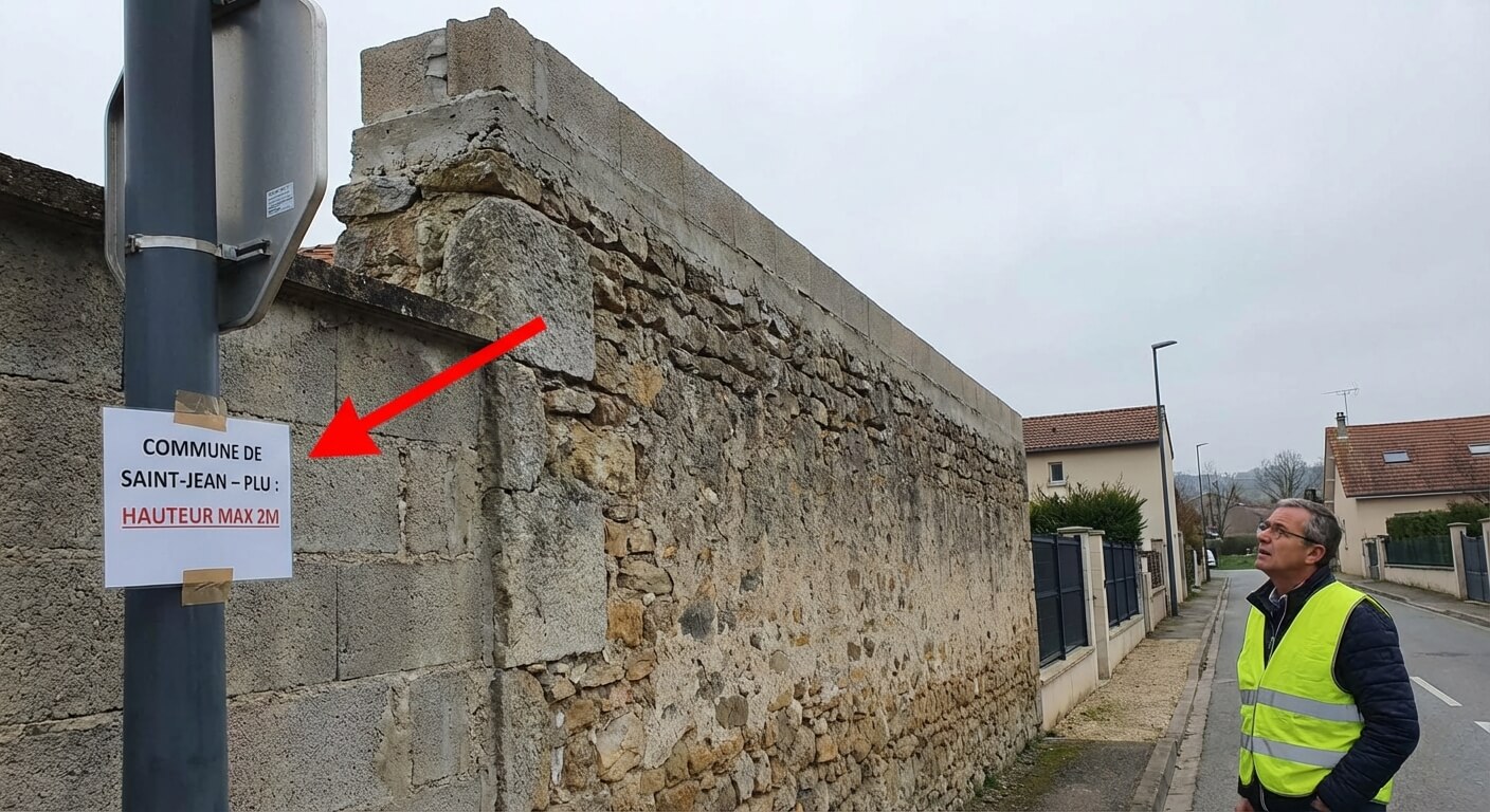 Mur de clôture d'une propriété privée dont la hauteur dépasse la limite imposée par le PLU de la commune