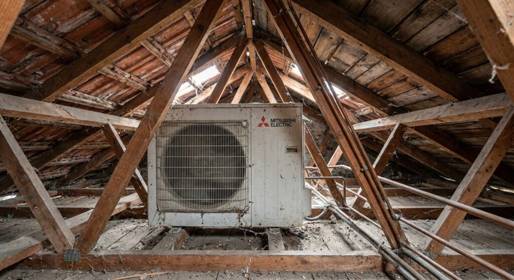 Compresseur extérieur d'une pompe à chaleur air-air enfermé sous la charpente de combles non isolés