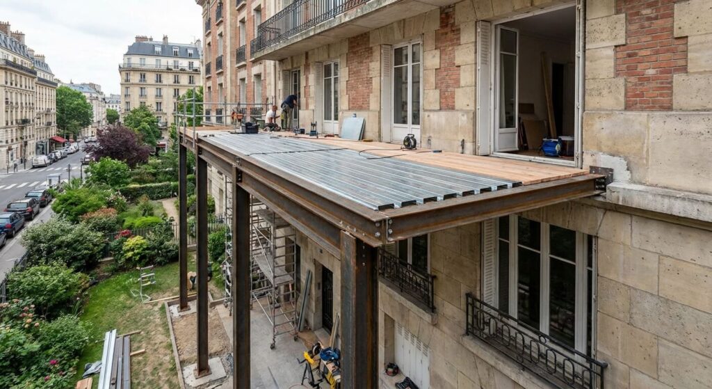 Extension d'un balcon en béton existant à l'aide d'une structure métallique sur pilotis