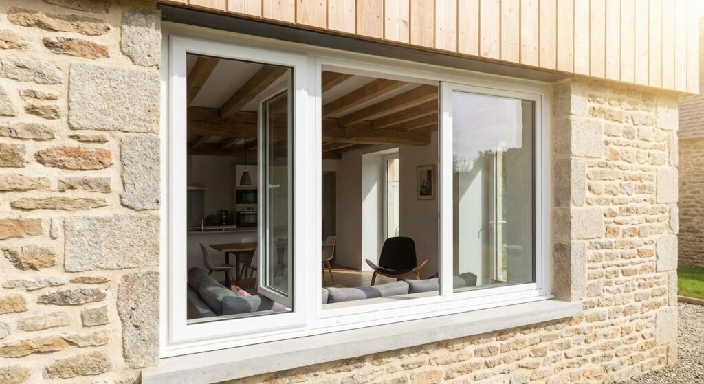 Fenêtre moderne en PVC blanc avec double vitrage performant installée dans une maison rénovée.