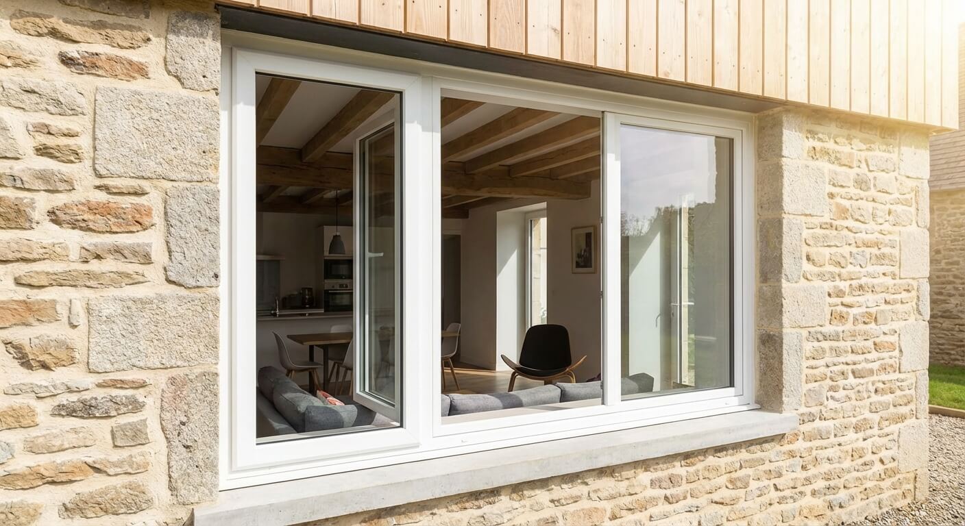 Fenêtre moderne en PVC blanc avec double vitrage performant installée dans une maison rénovée.