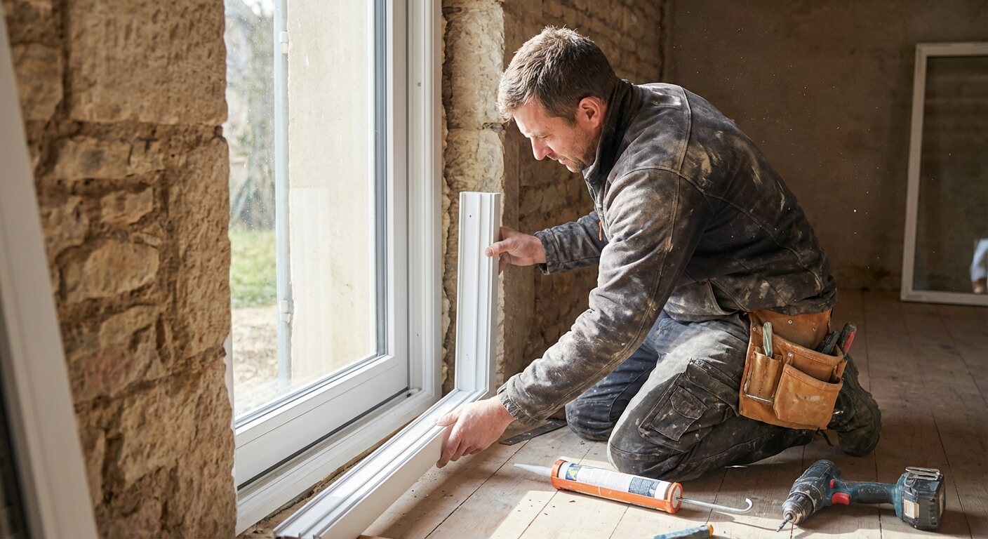 Artisan installant des élargisseurs en PVC sur le dormant d'une nouvelle fenêtre pour combler un vide