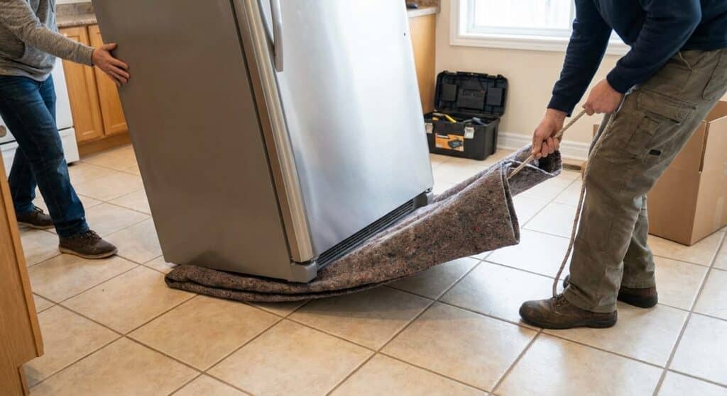 Astuce pour faire glisser un réfrigérateur lourd sur le carrelage à l'aide d'une couverture épaisse