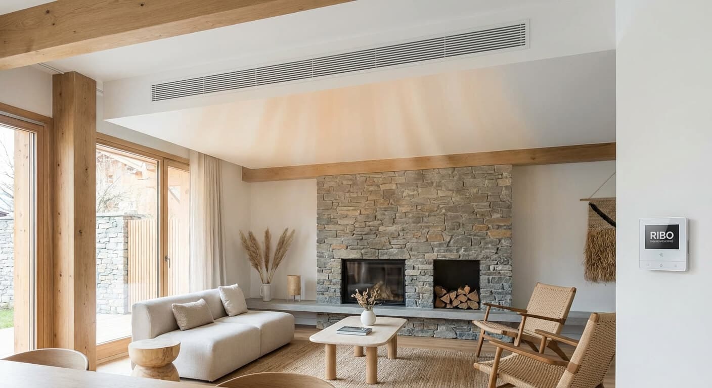 Grille de soufflage discrète intégrée dans le faux plafond d'un salon chauffé par système Ribo