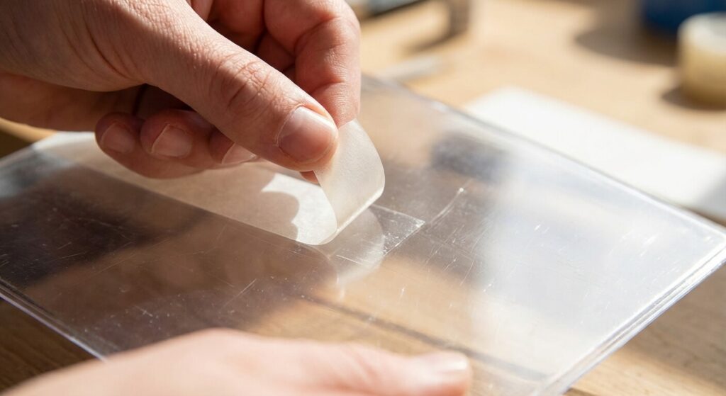 Action de retirer délicatement un ruban adhésif sur une surface en plastique