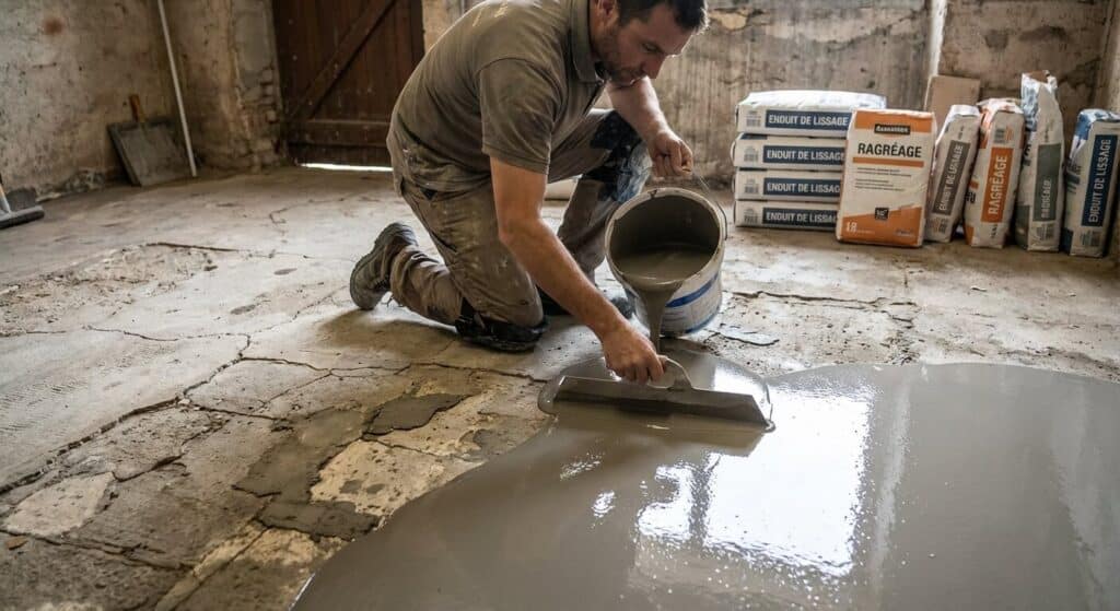 Artisan maçon coulant un nouvel enduit de lissage liquide sur une ancienne dalle de ragréage