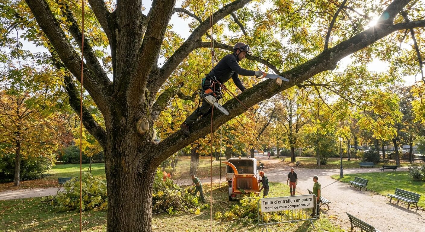 Un arboriste grimpeur réalisant la taille d'entretien d'un grand frêne dans un parc