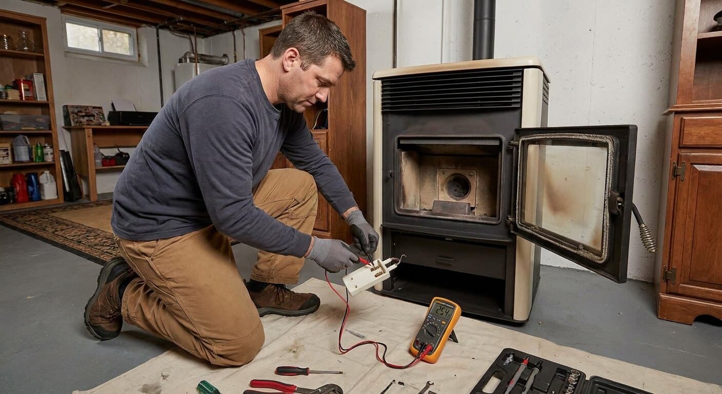 Technicien utilisant un multimètre numérique pour mesurer les ohms d'une bougie de poêle à granulés