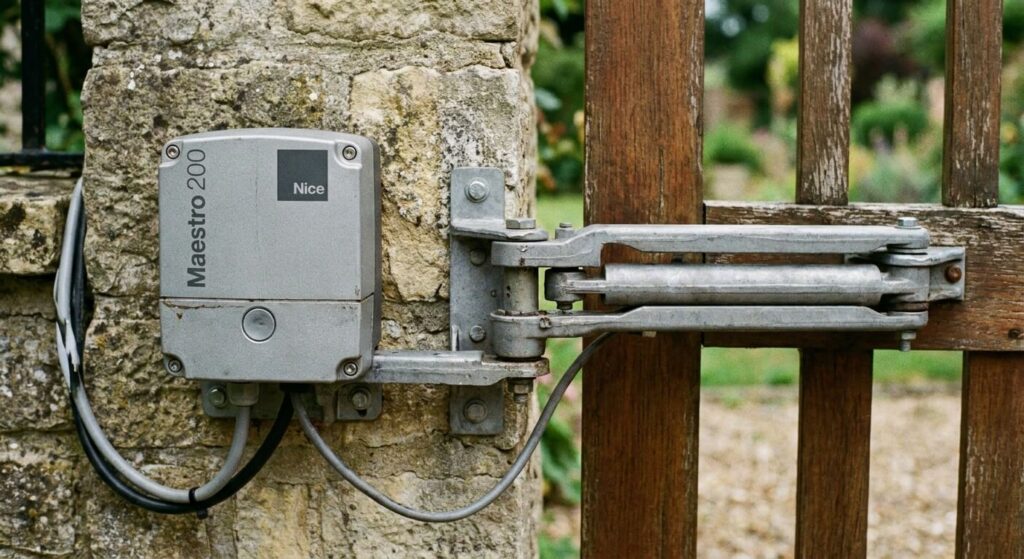 Gros plan sur le moteur à bras articulé Nice Maestro 200 installé sur un pilier de portail