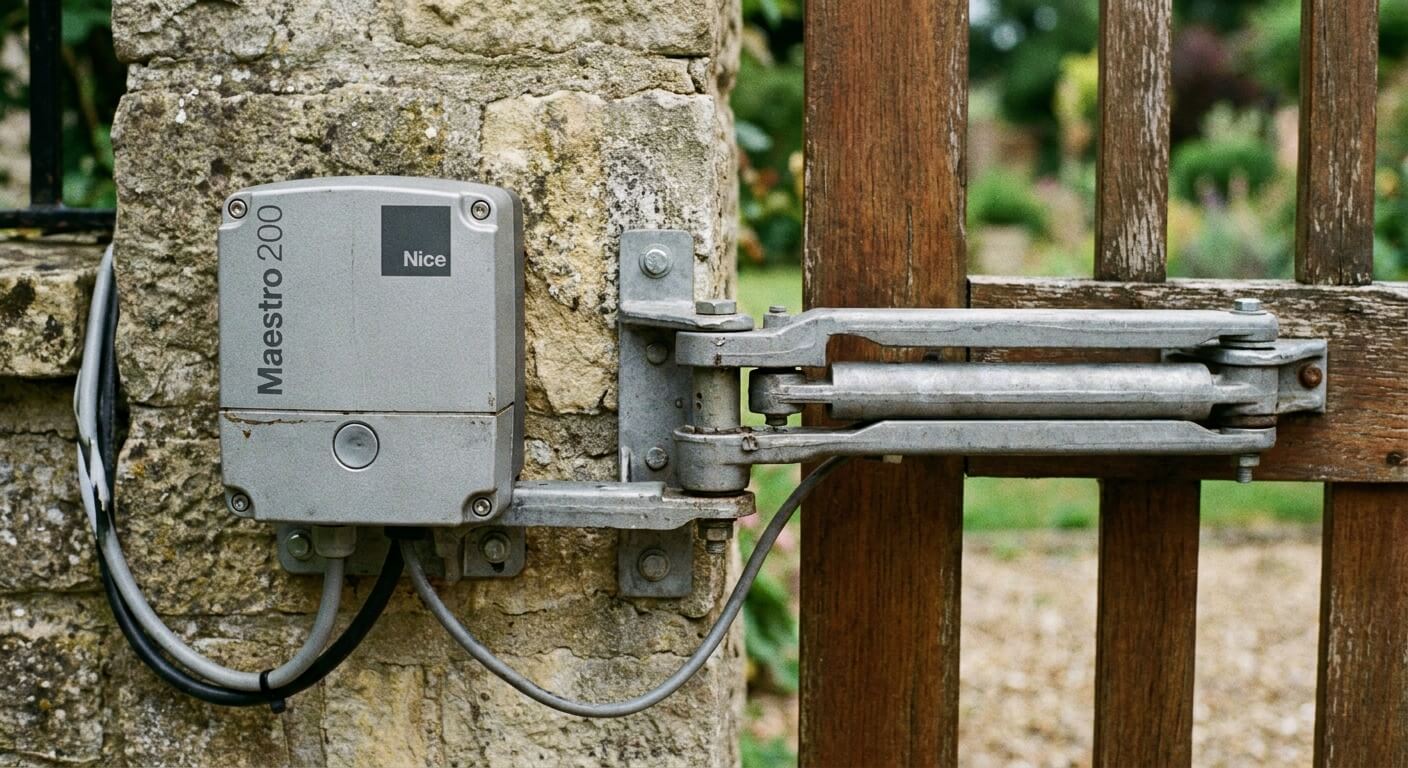 Gros plan sur le moteur à bras articulé Nice Maestro 200 installé sur un pilier de portail