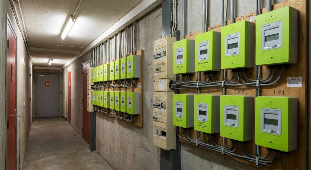 Rangée de compteurs électriques individuels Linky installés dans les parties communes d'un immeuble